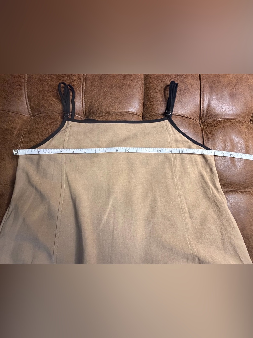 Senllen linen maxi dress Camel brown tan  Black Trim adjustable Size Small NWT - Picture 12 of 15
